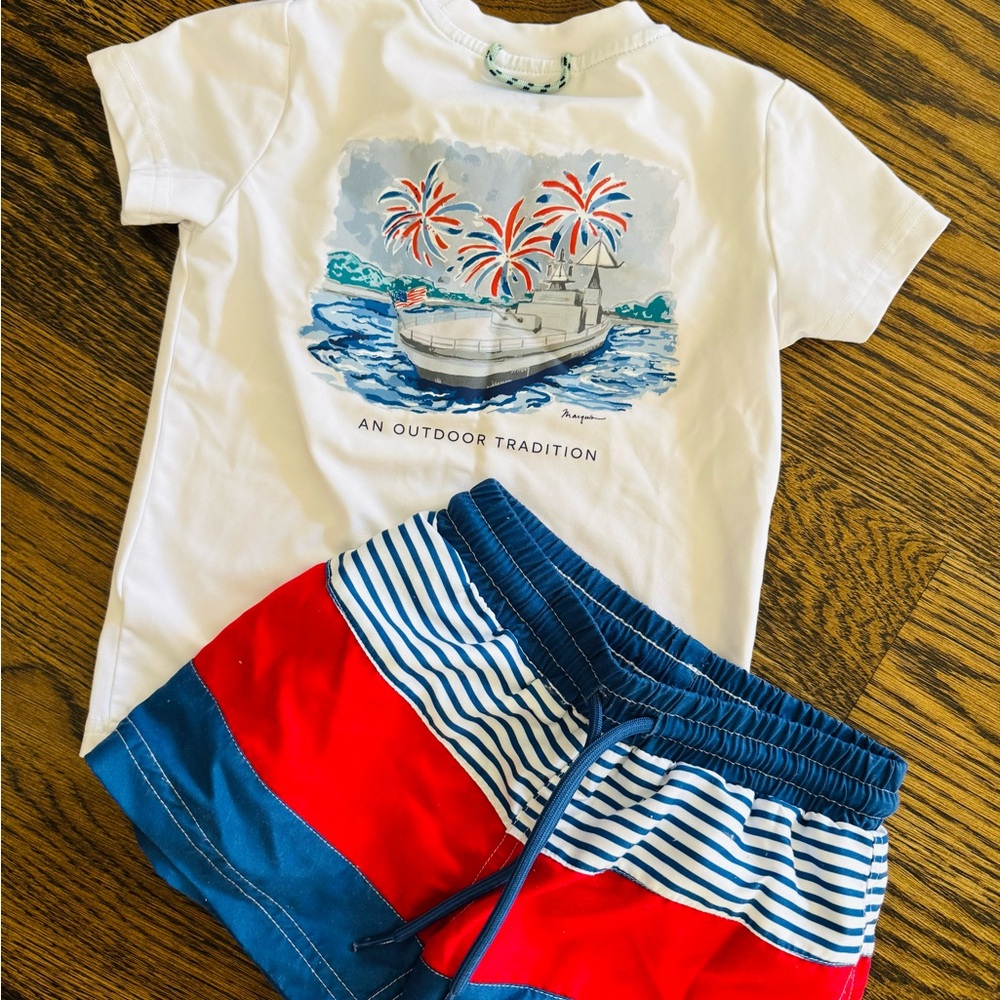 White Graphic Tee and Striped Shorts Set